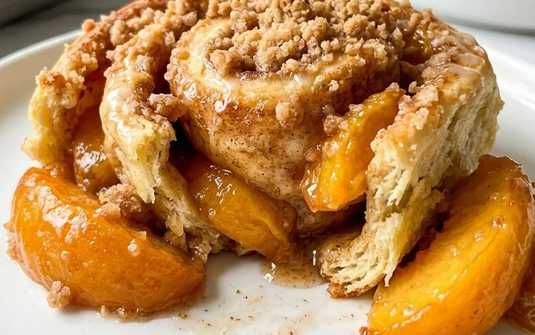 Peach Cobbler Cinnamon Rolls with Crumb Topping