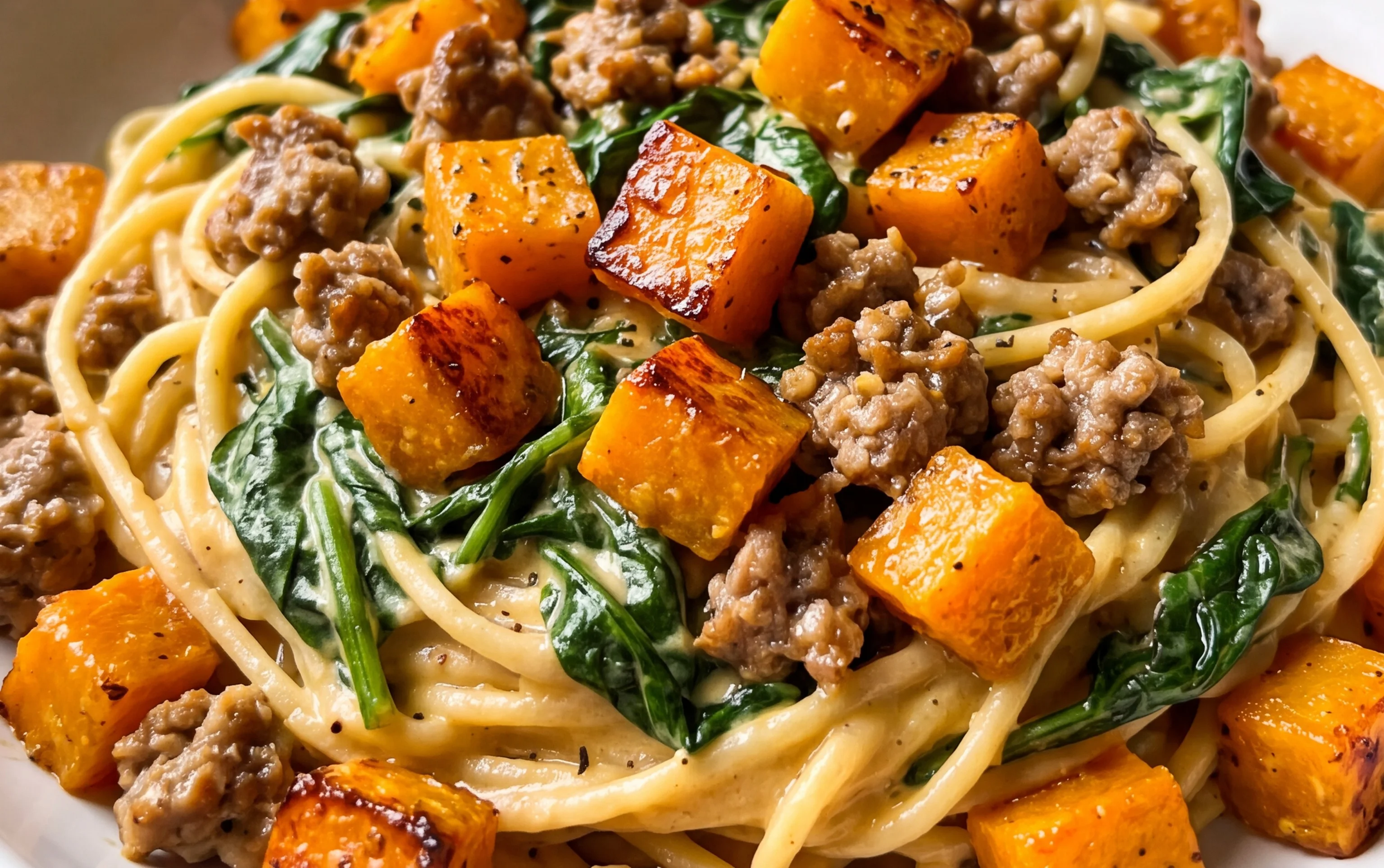 Creamy Roasted Butternut Squash Pasta with Sausage and Spinach